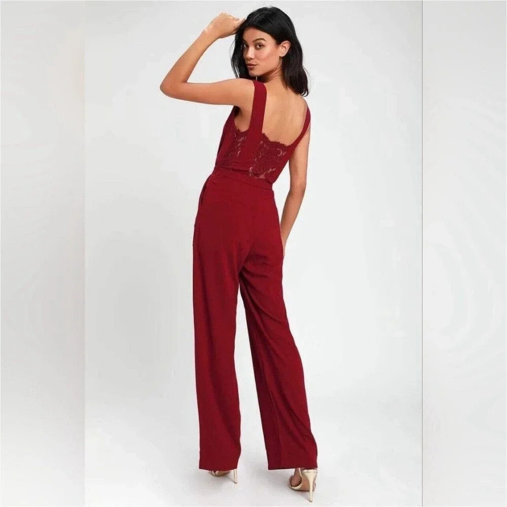 Lulu’s Women's Burgundy Kiska Lace Back‎ Wide Leg Jumpsuit side Pockets Medium - Picture 2 of 16